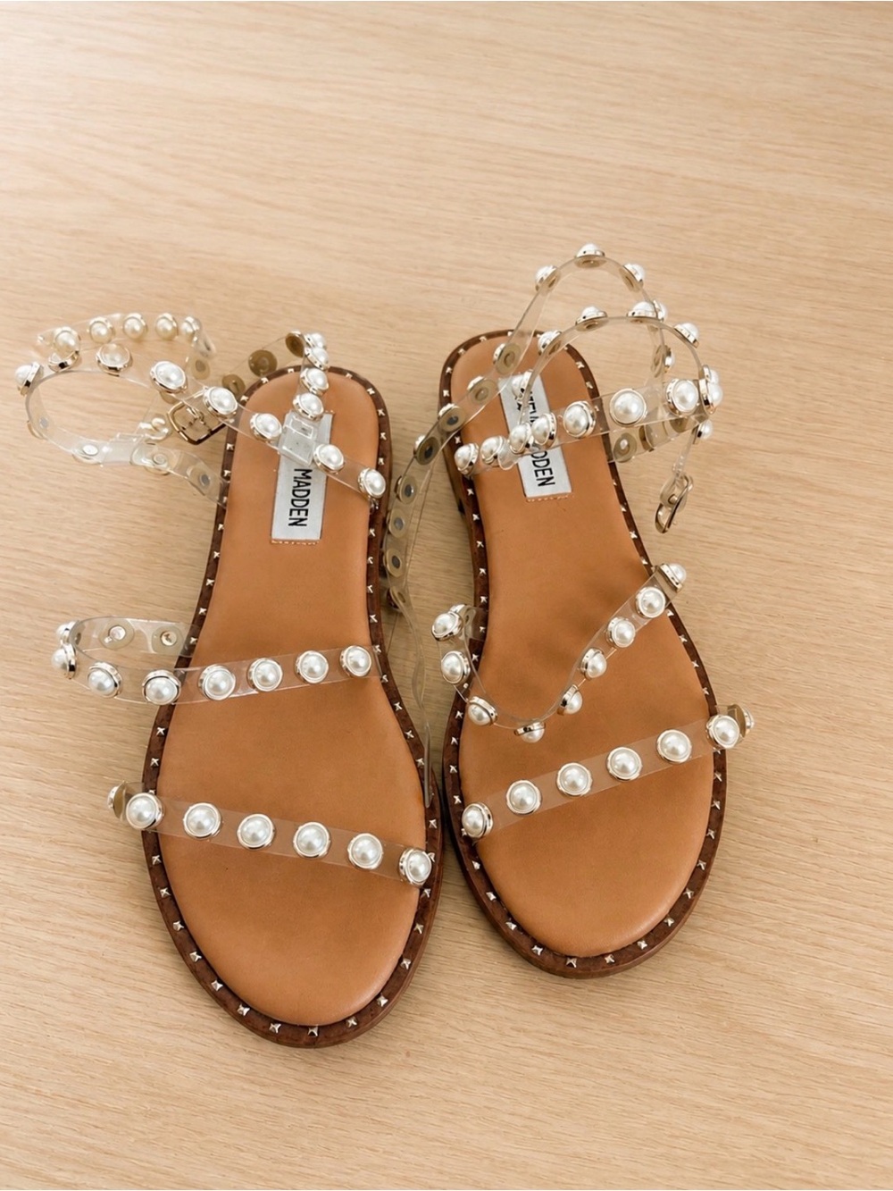 Steve Madden Clear Pearl-Embellished Sandals Size 6